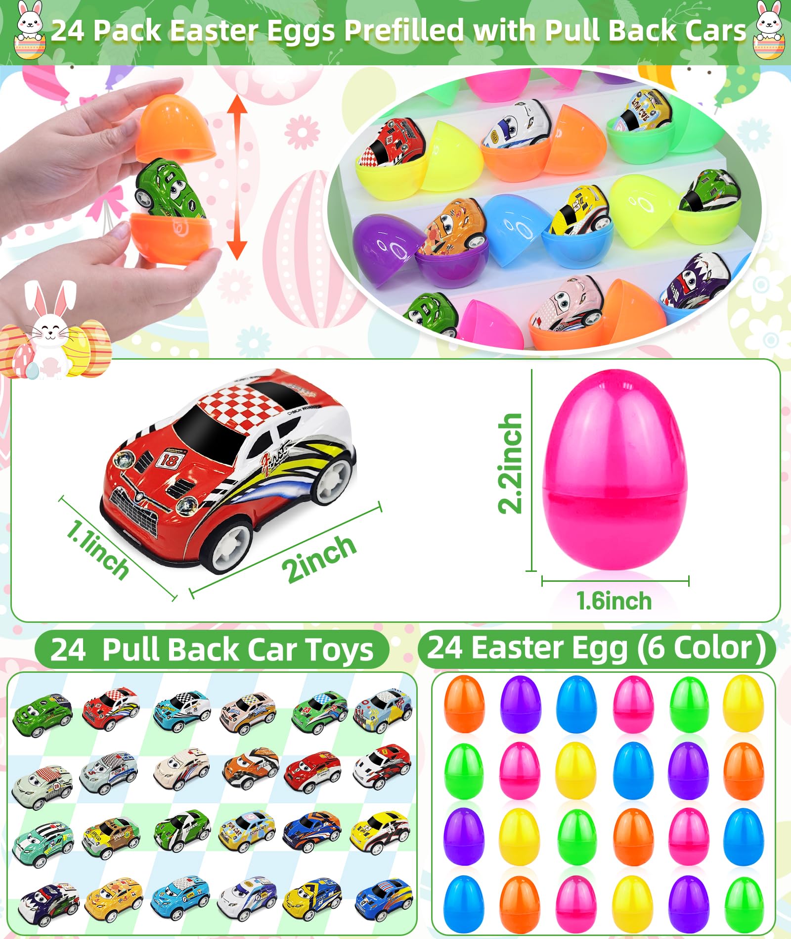 Colorful Easter eggs in six colors green orange yellow blue pink purple