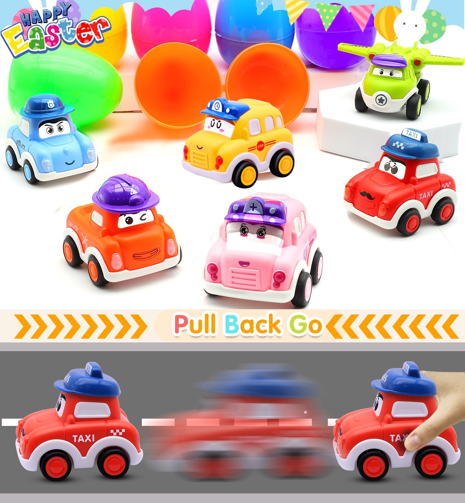 Pull back car police car toy included with Easter eggs