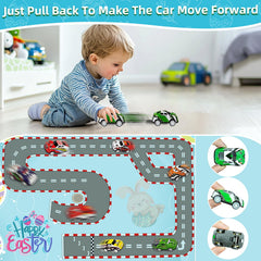 Car toys inside eggs measuring 2 x 1.1 inches pull back design