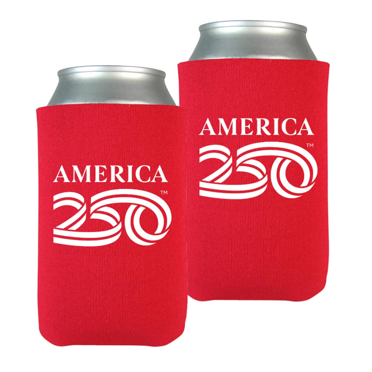 Two red neoprene can coolers for standard 12oz cans