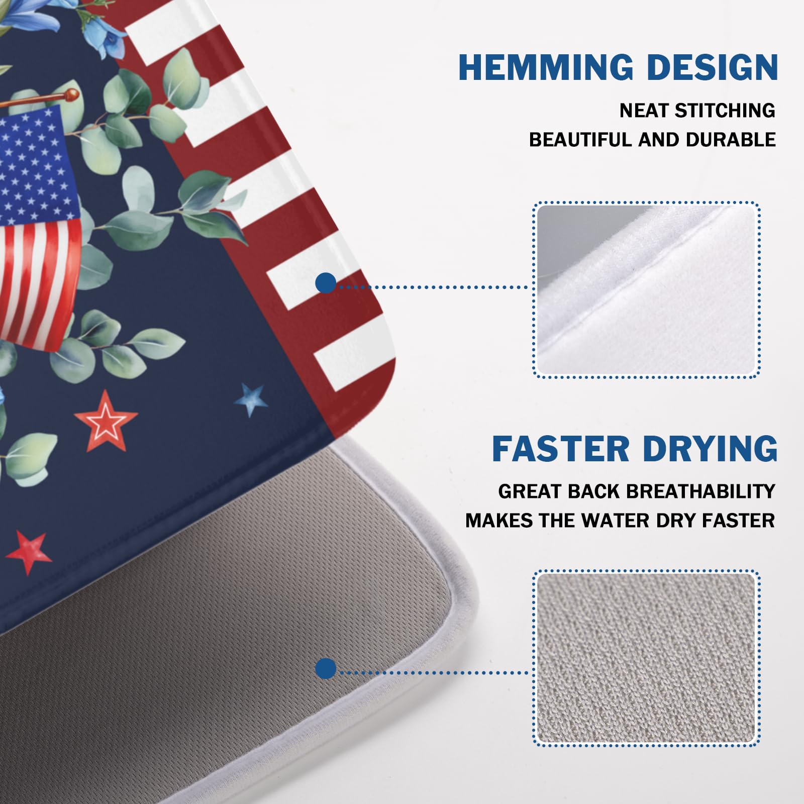 American flag inspired dish drying mat on countertop