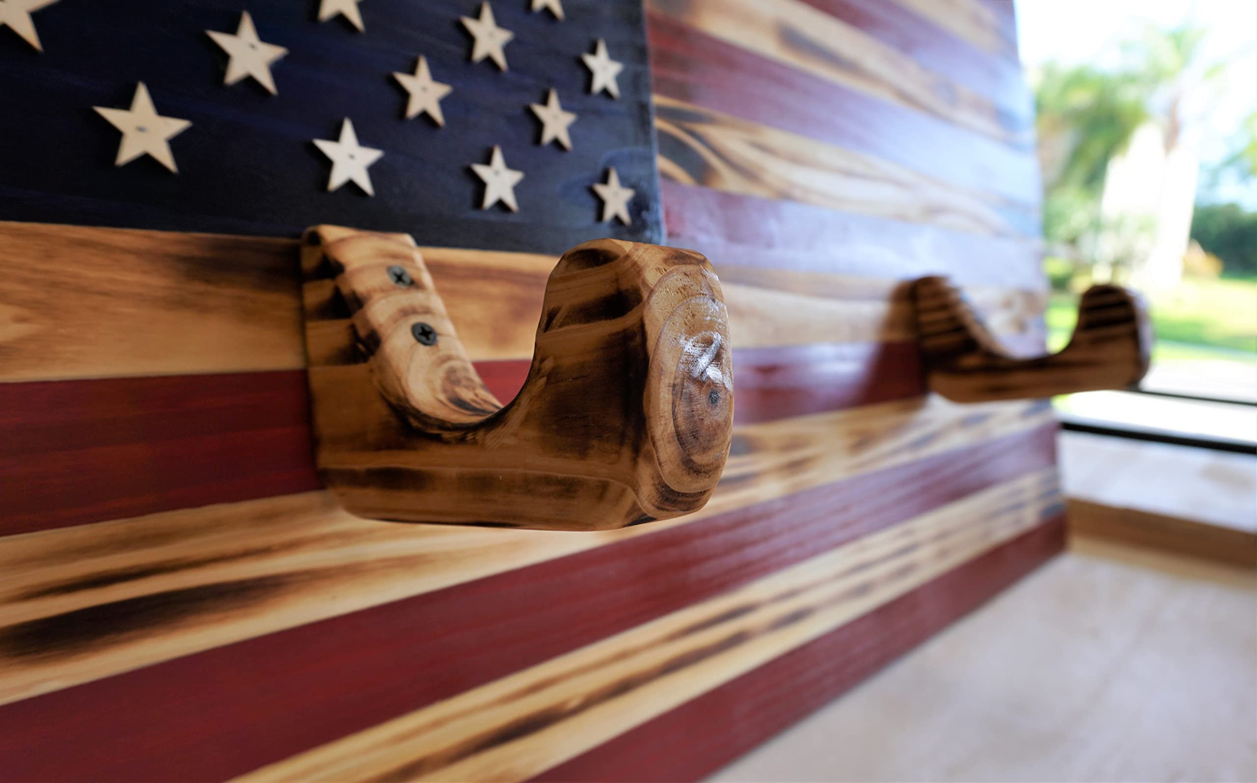 Laser cut stars on rustic wooden flag