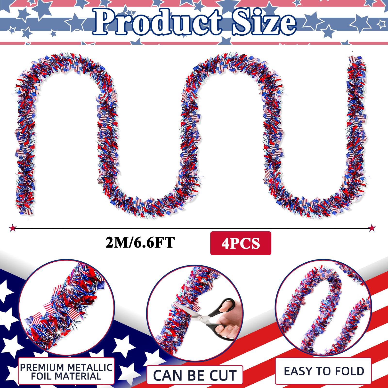 red white blue metallic foil garland with flags for decor