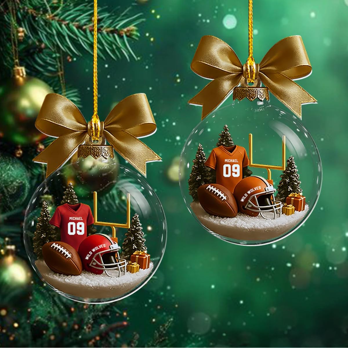 Full color printed football ornament showing field elements