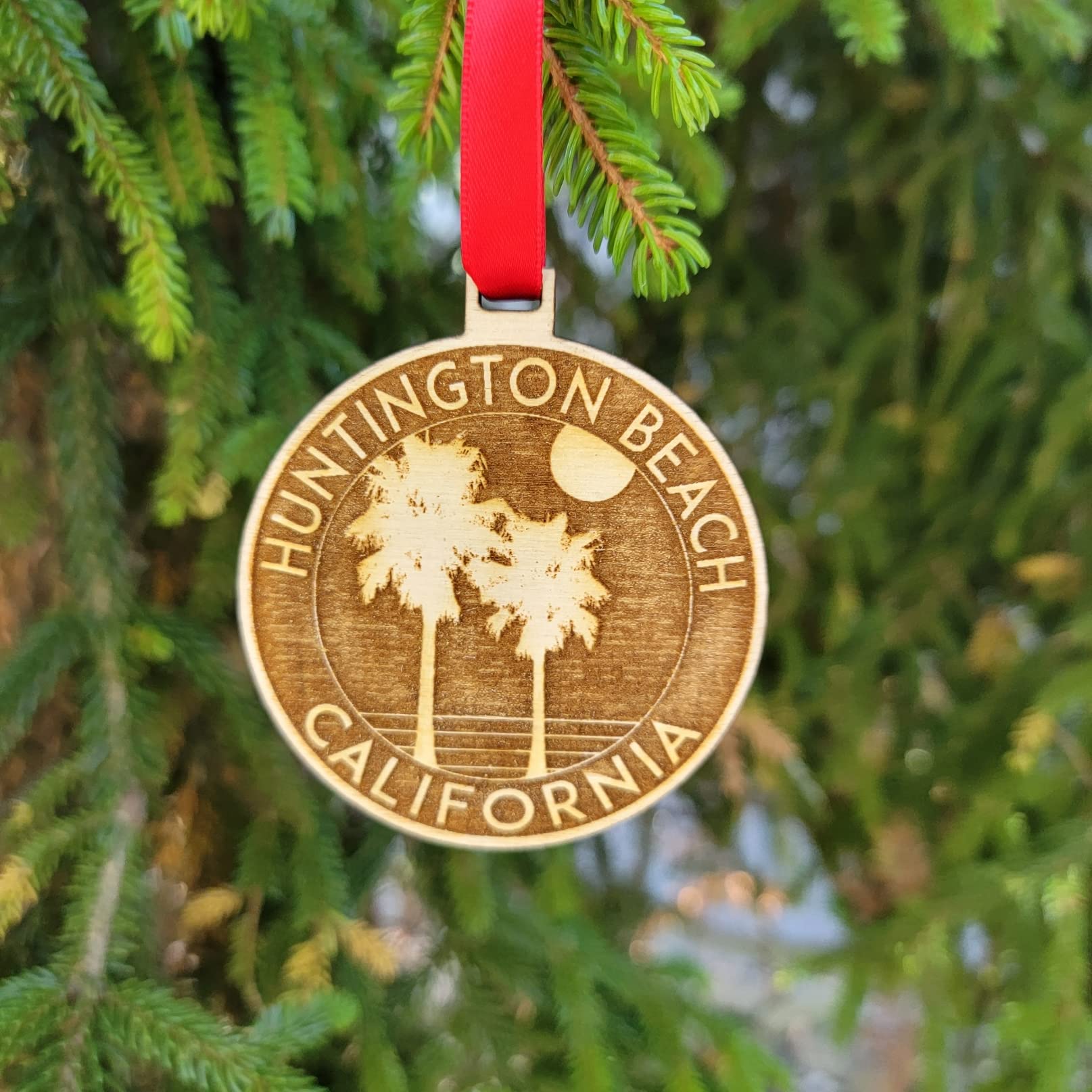 American made wood engraved Huntington Beach ornament 3.1 inch wide