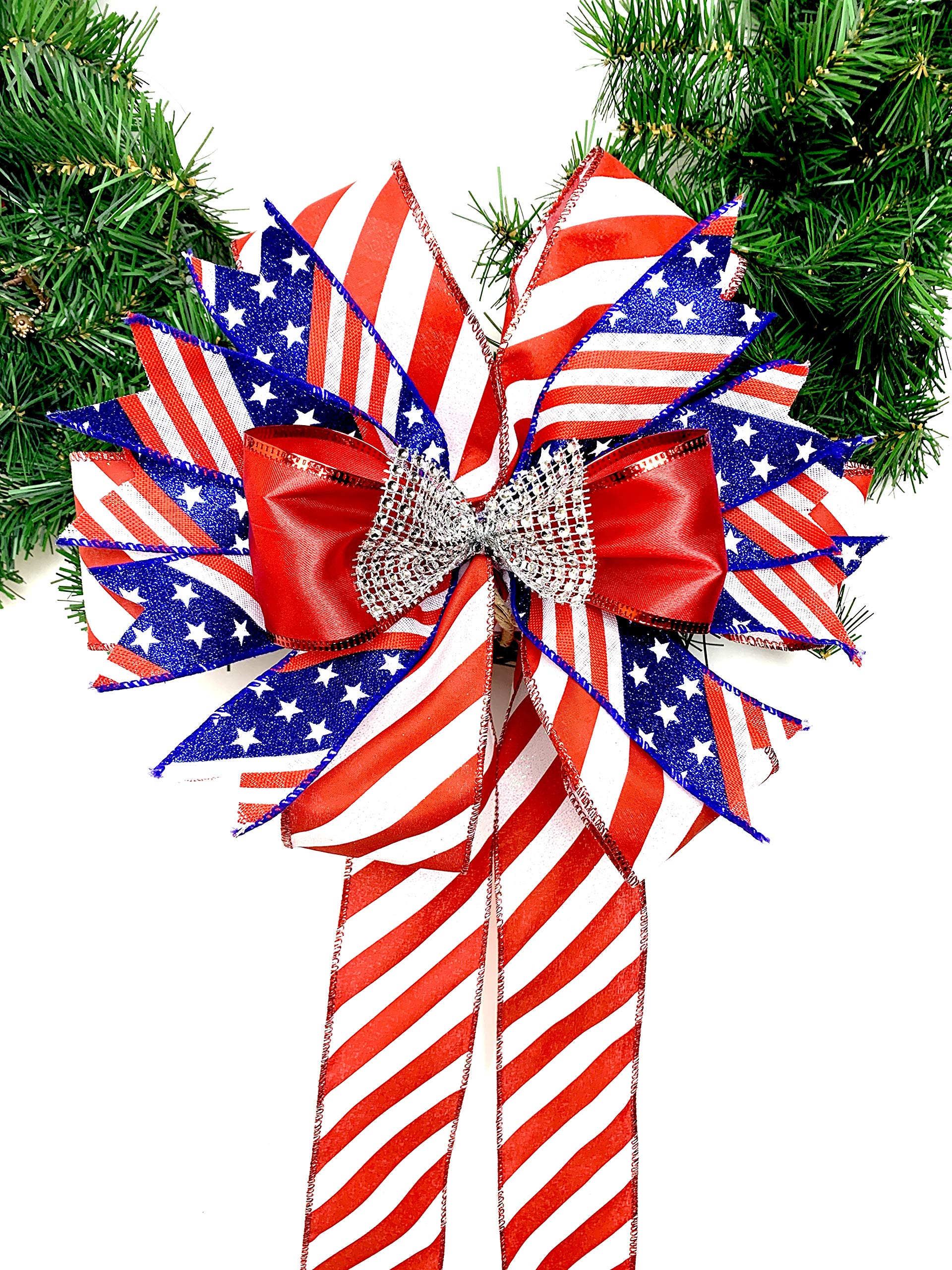 Americana swag bow handmade in USA with rhinestone center