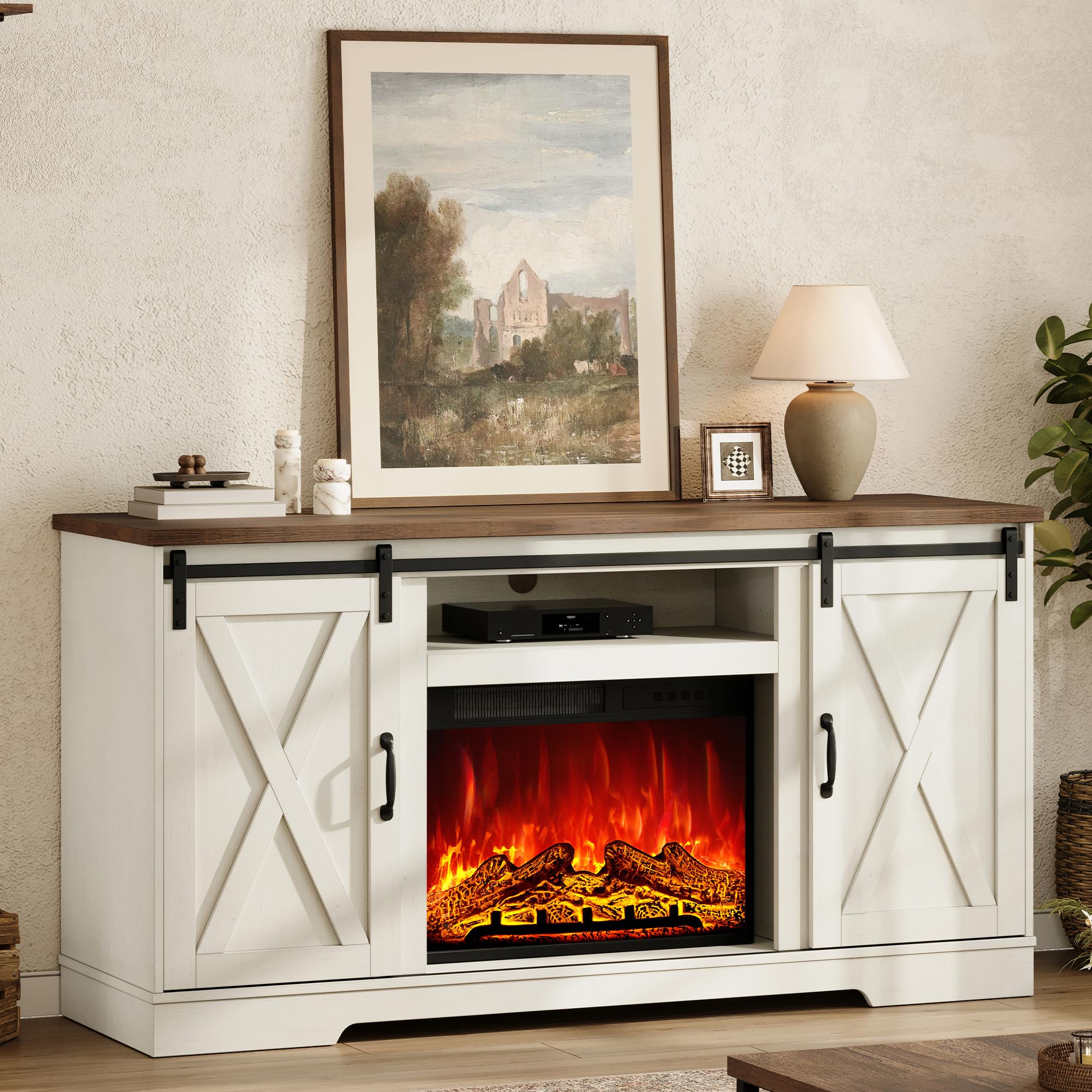 Amerlife farmhouse style fireplace TV stand for living room