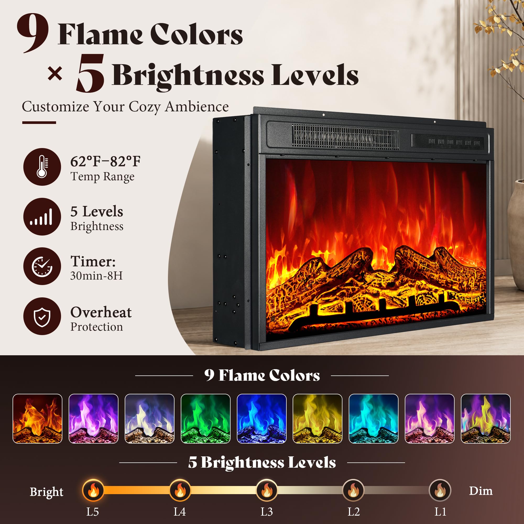 Amerlife 65-inch TV compatibility display on fireplace stand