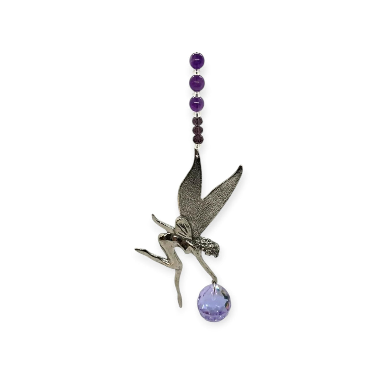 Amethyst Crystal Sun Catcher with Pewter Fairy Car Charm attached to rear view mirror