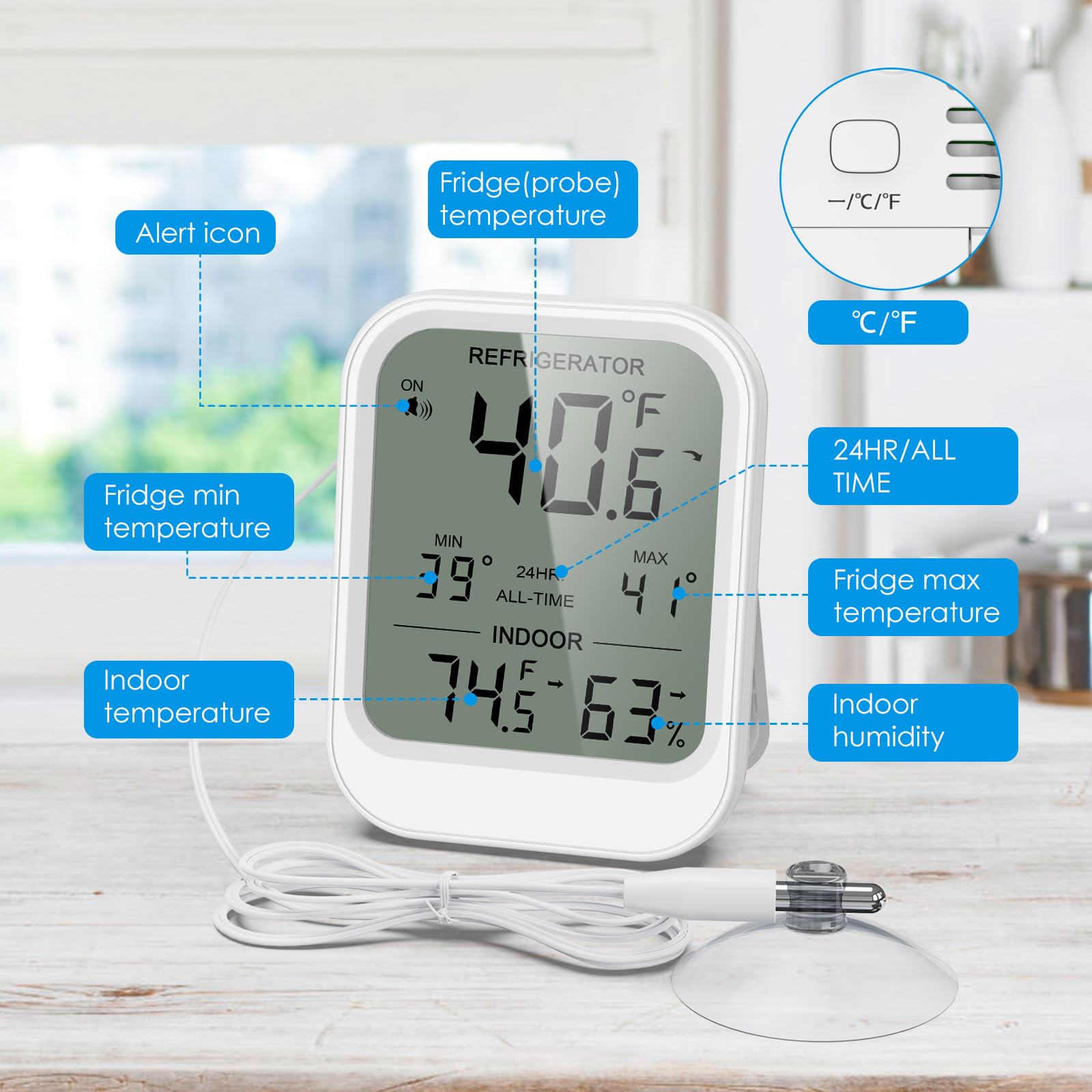 Audible alarm feature on fridge thermometer with range alerts