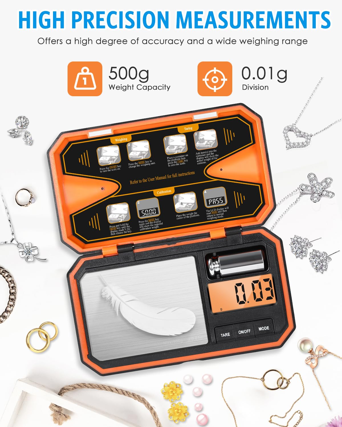 0.01g precision shown on scale display