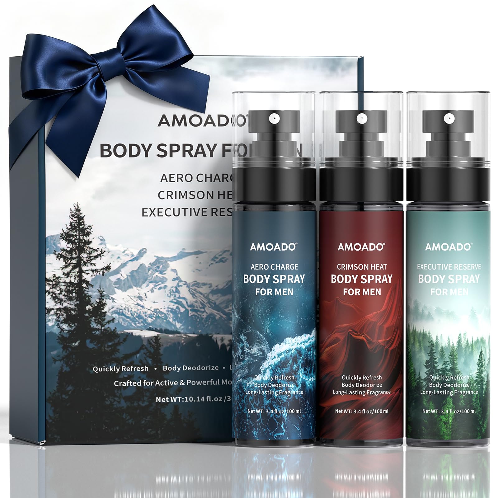 AMOADO men’s body spray set packaging with three 3.4 fl oz bottles