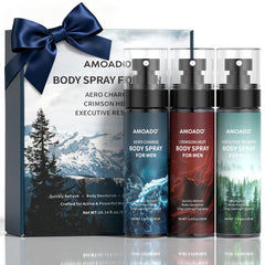 AMOADO men’s body spray set packaging with three 3.4 fl oz bottles