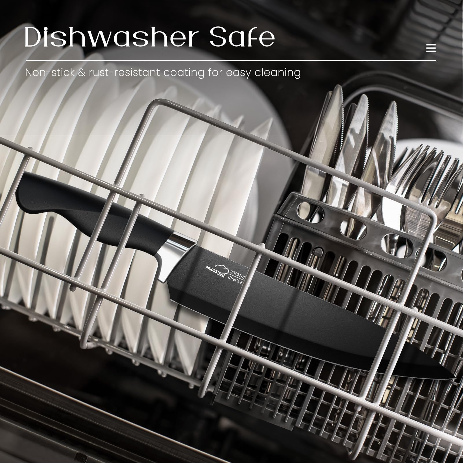 Ergonomic handles on Amorston kitchen knives