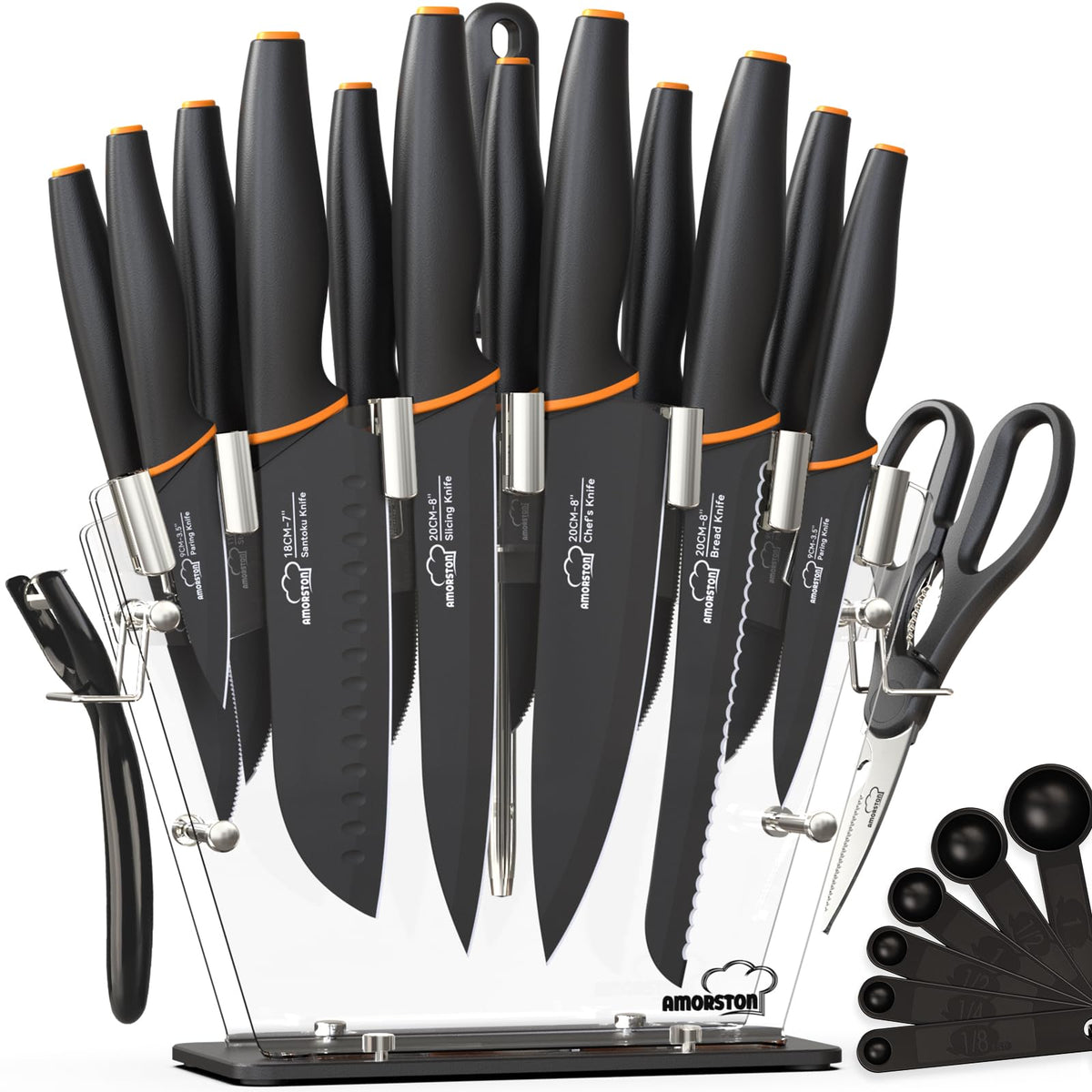Amorston Knife Set acrylic block with 22-piece collection