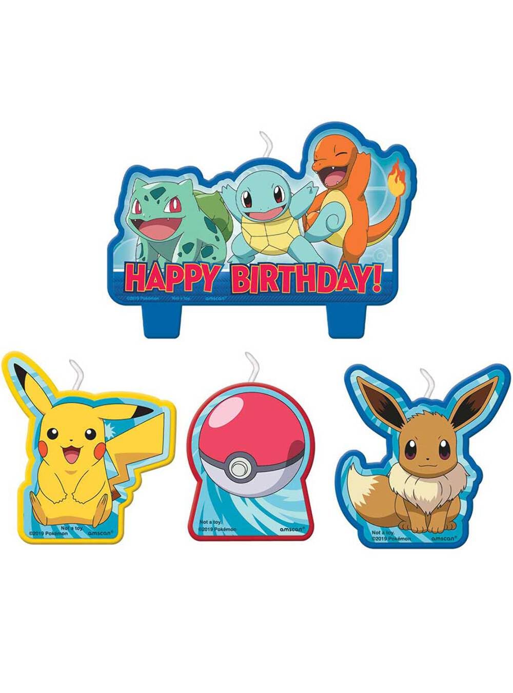 Amscan Pokemon Birthday Character Candle Set 4 candles with Eevee Pikachu Pokeball and a Happy Birthday candle