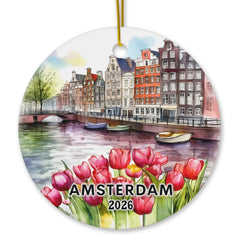 Amsterdam 2026 souvenir ornament canal houses bridge and tulips