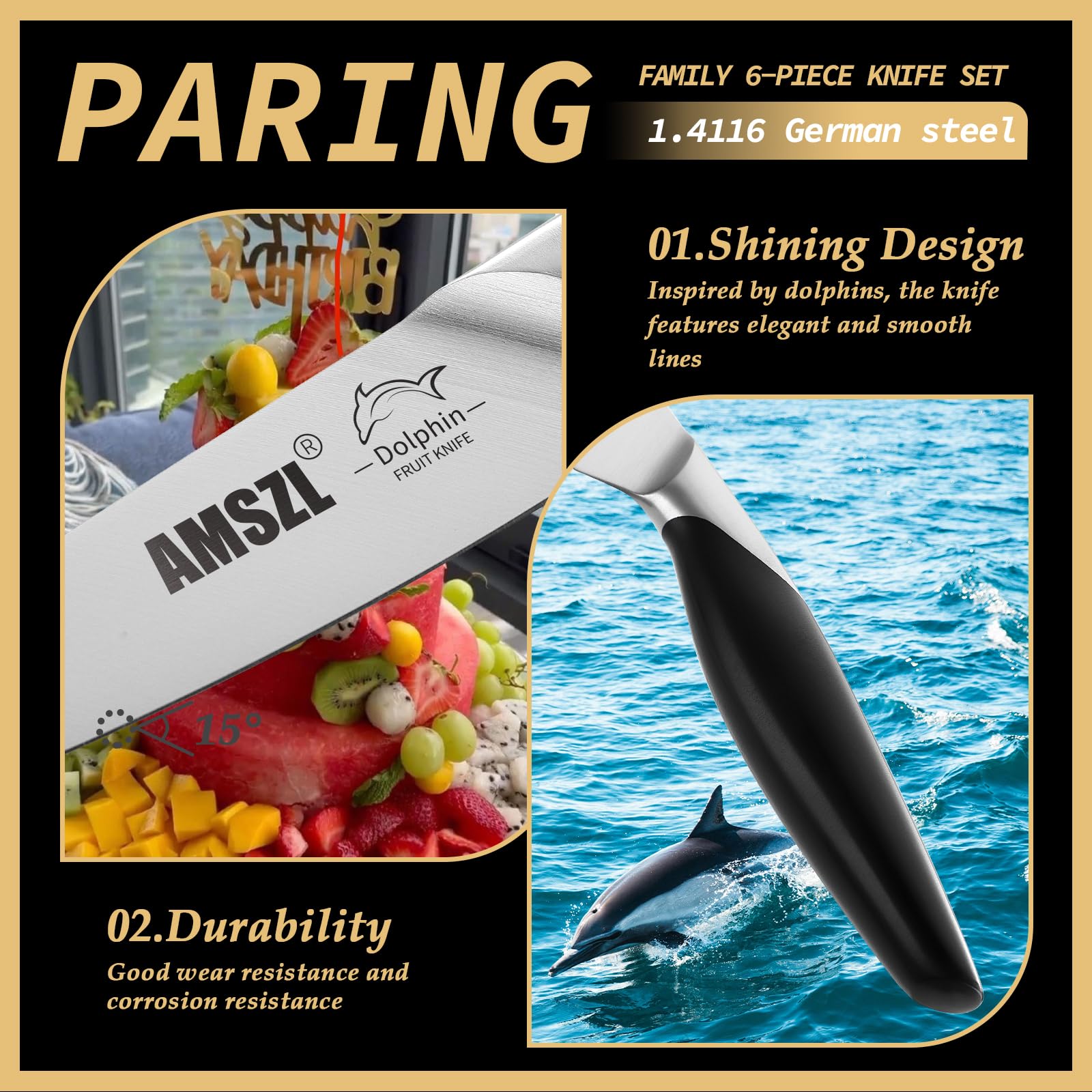Full tang paring knives with textured black ABS handles