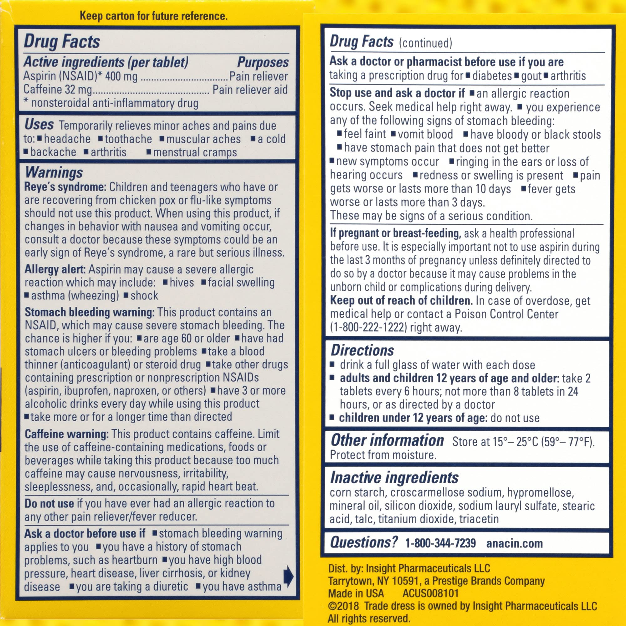 Anacin aspirin caffeine pain relief bottle front view