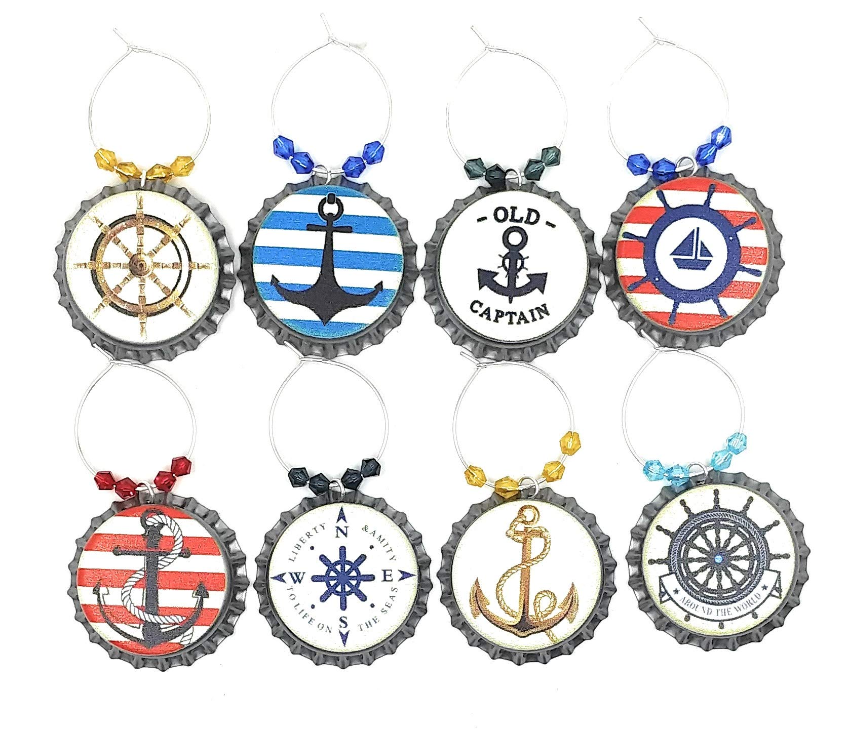 Anchor bottle cap wine charms on silver tone rings