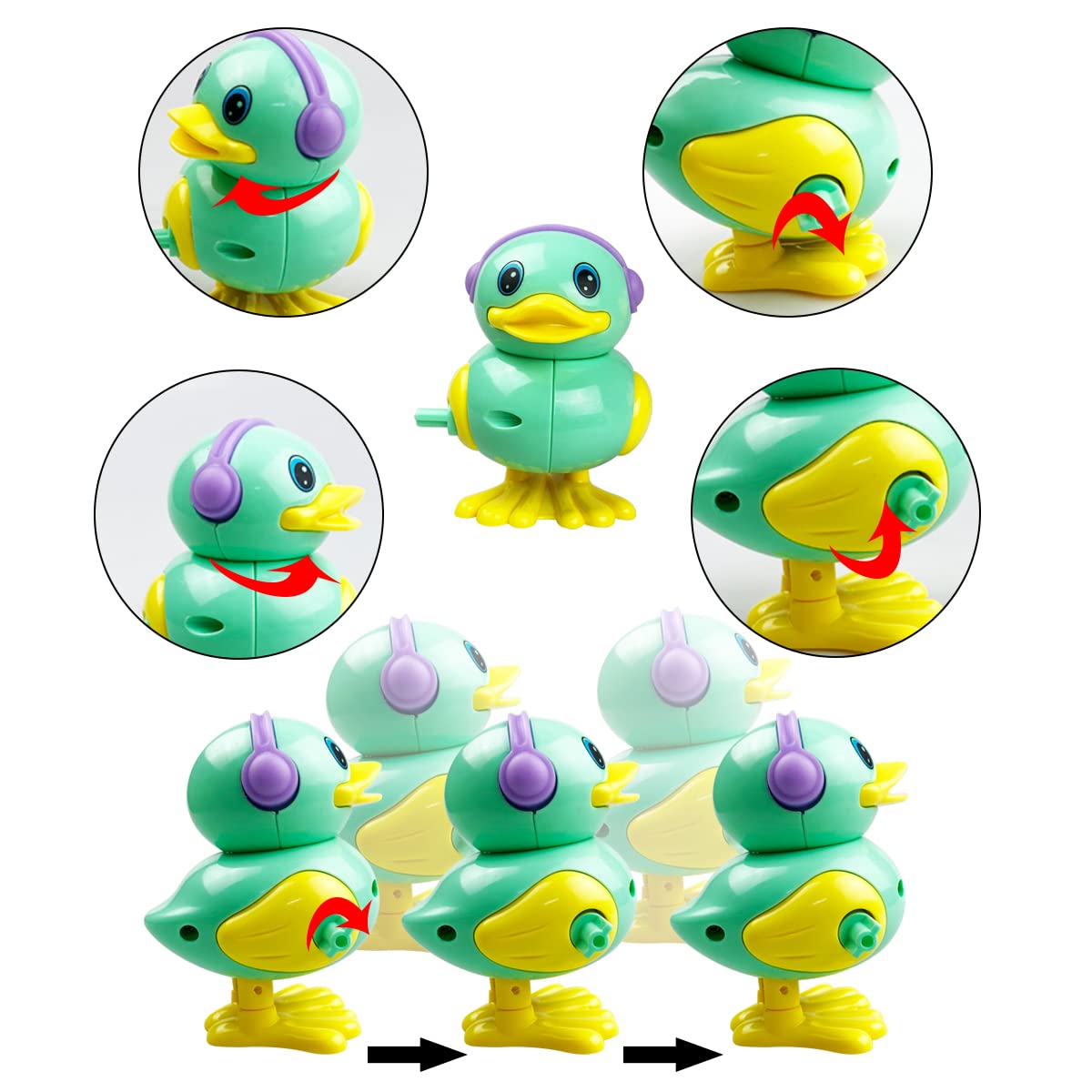 Six pack wind up toys frog bee bunny chick bird owl close up