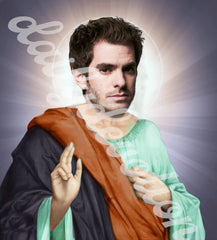 Printed design on traditional glass candle Andrew Garfield Parody Devotional Prayer Saint Candle