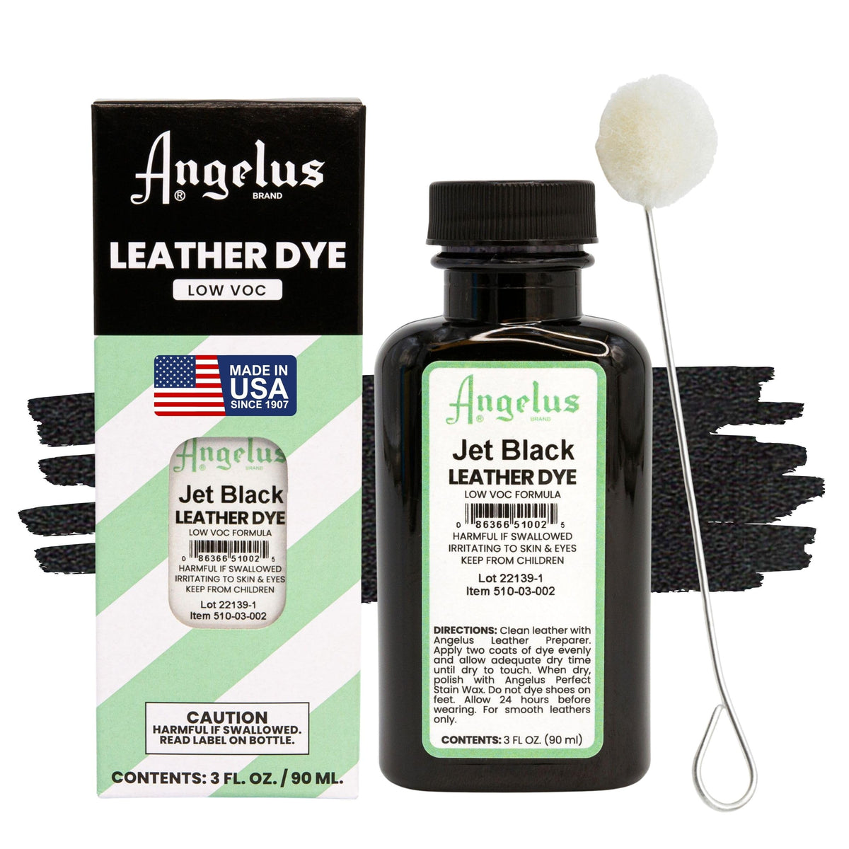 Angelus Leather Dye jet black 3oz bottle with dauber