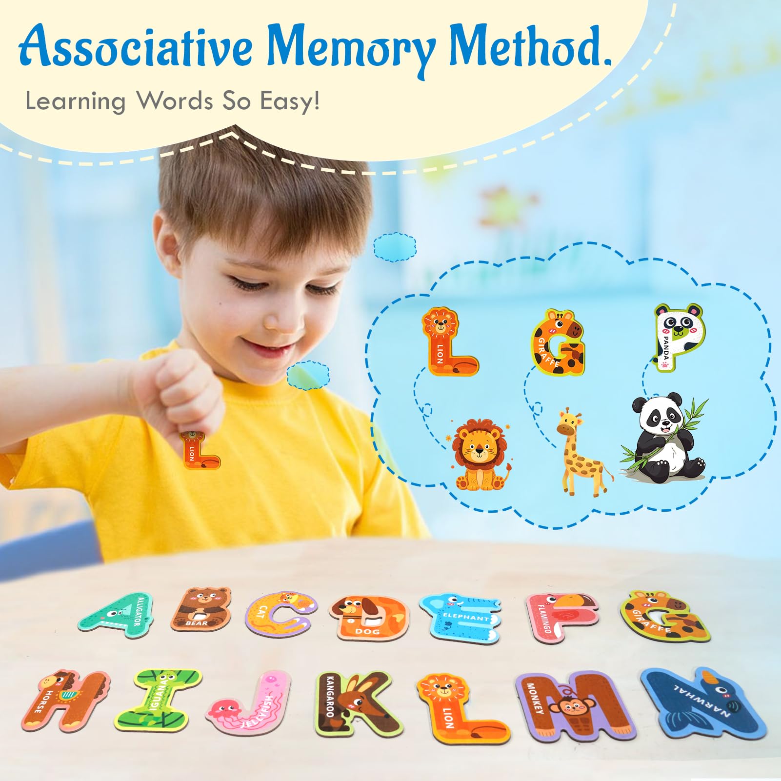 Animal alphabet magnets for toddler learning on fridge