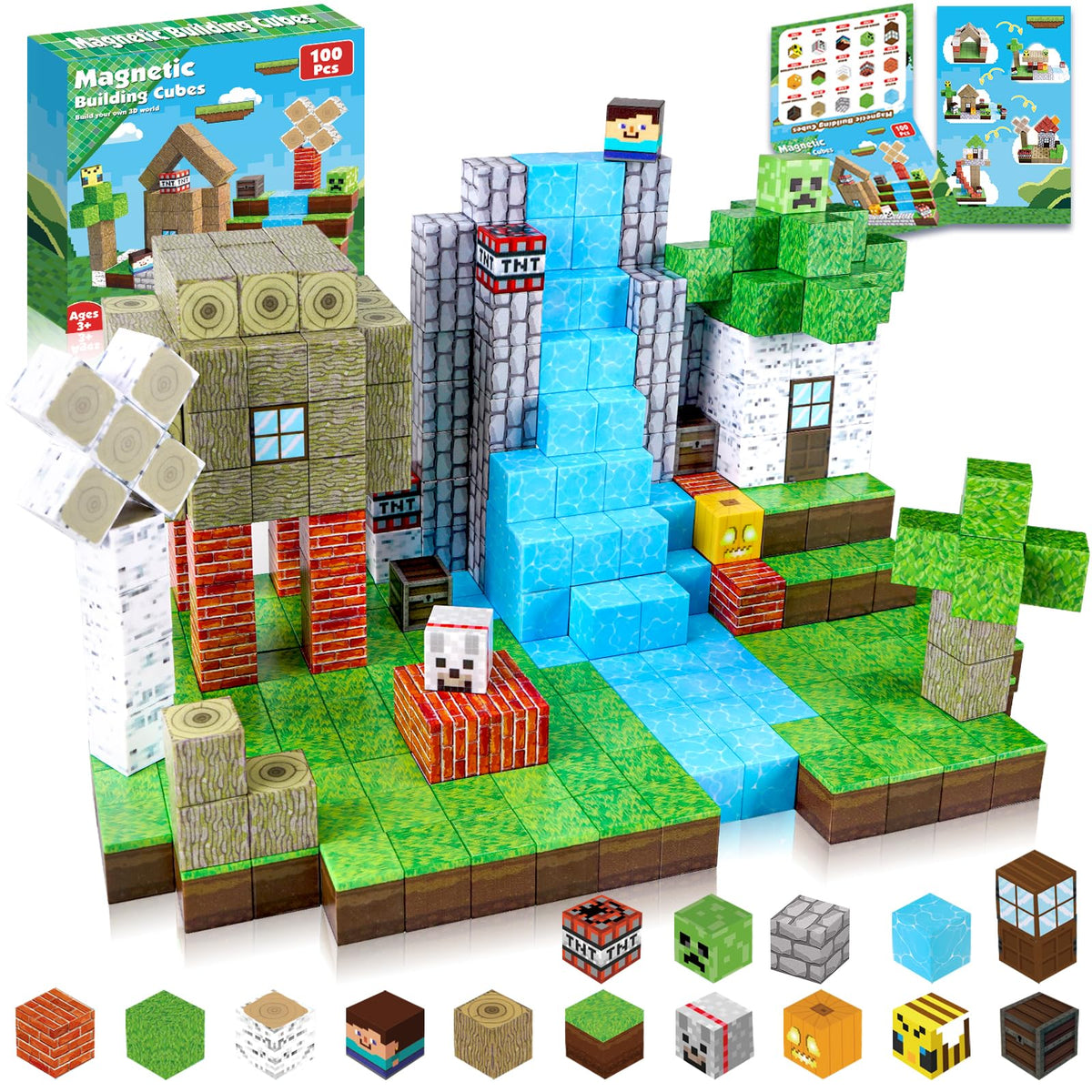 Annexfun Magnetic Blocks-100PCS set with 100 cubes in 16 colors for kids age 3+