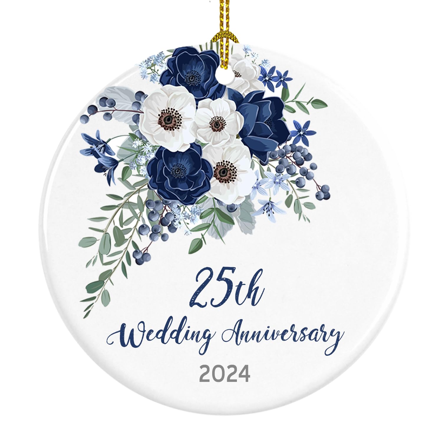 Porcelain 25th Anniversary Ornament measures 2.75 inches round