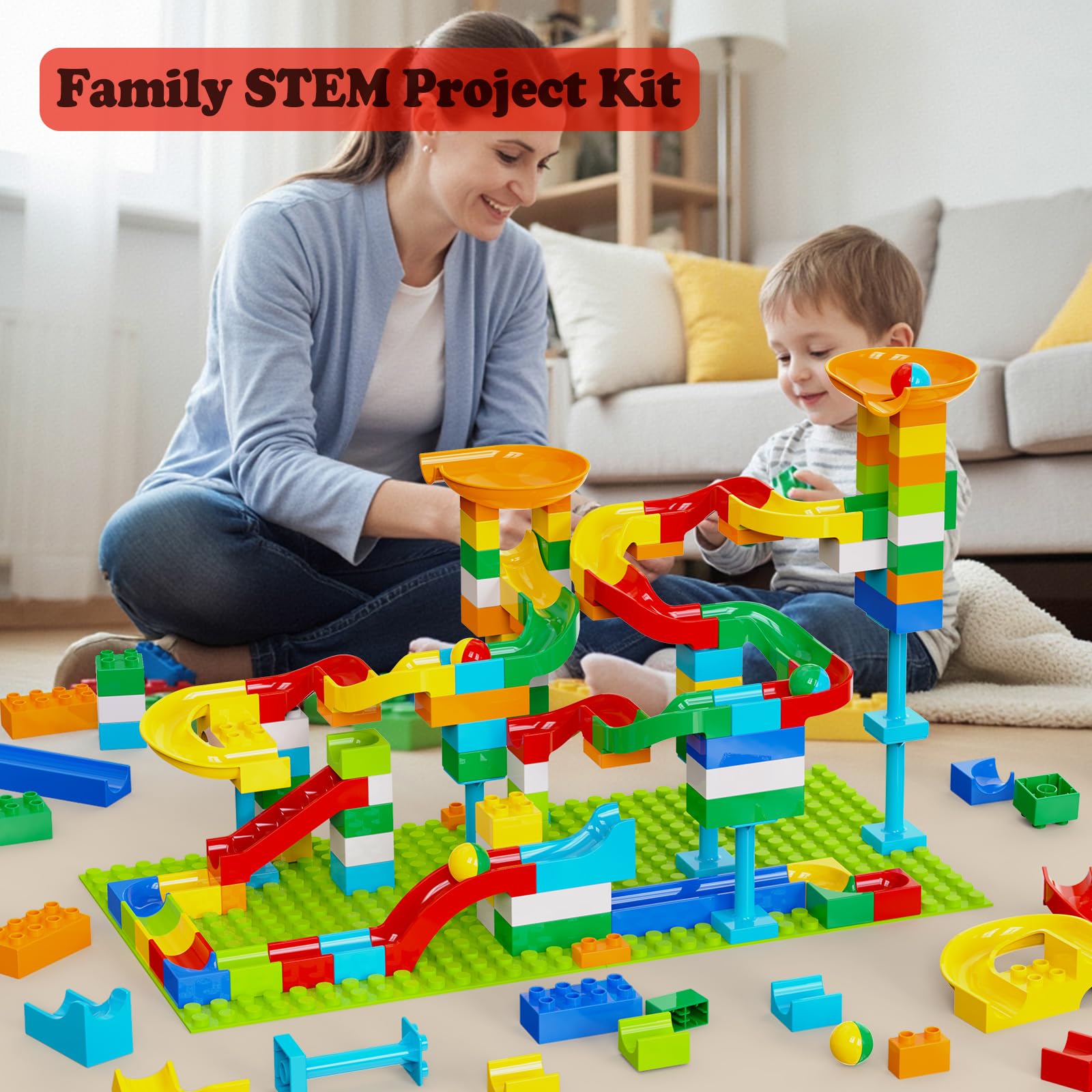 128 piece STEM toy marble run compatible with similar size blocks