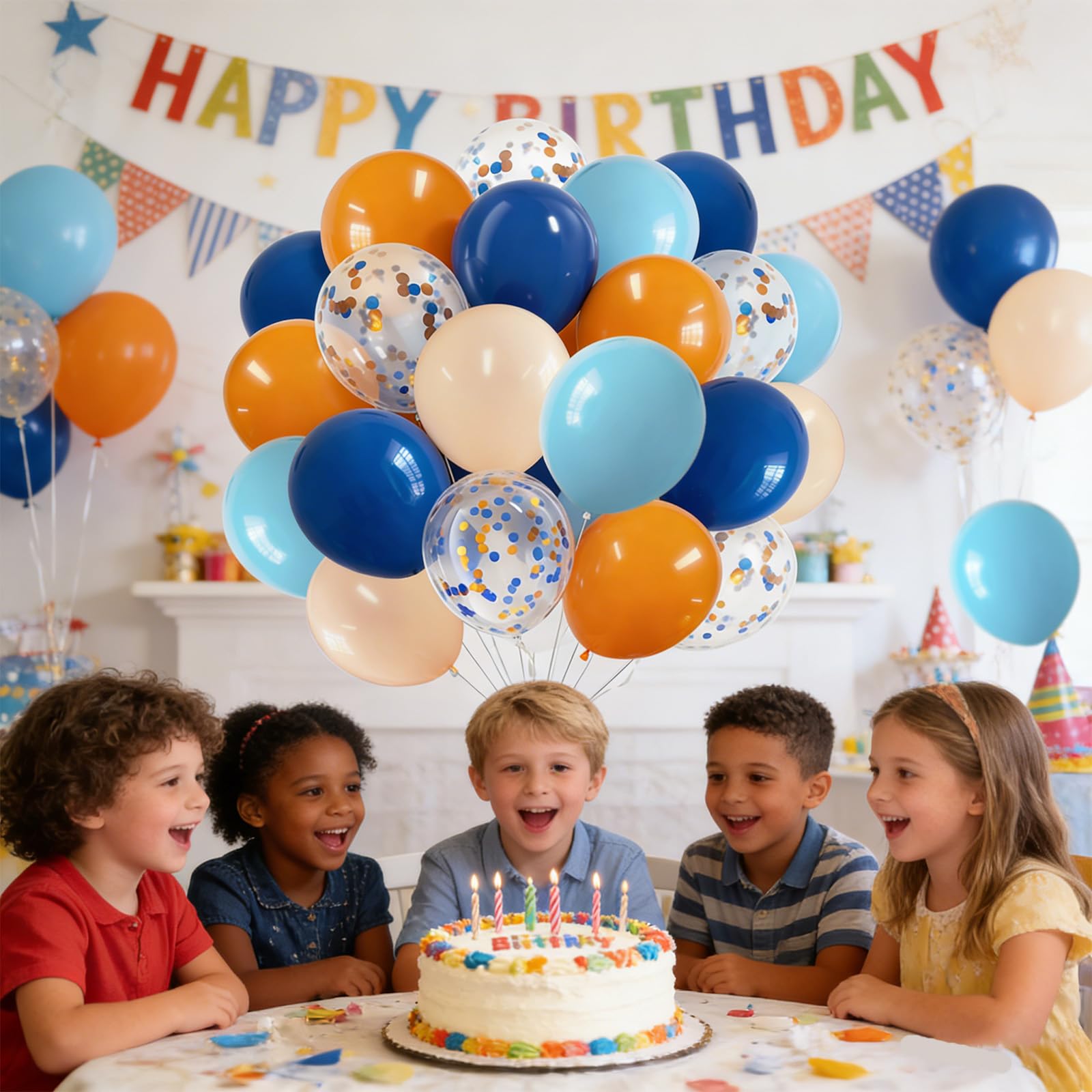 Blue orange themed party balloons for weddings birthdays showers