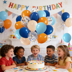 Blue orange themed party balloons for weddings birthdays showers