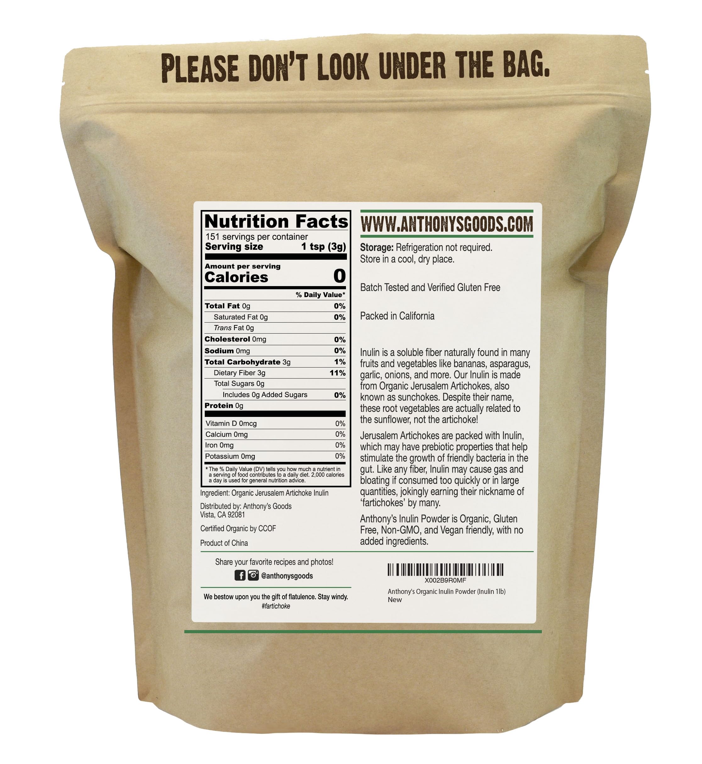 Anthony's Organic Inulin Powder 1 Pound back label