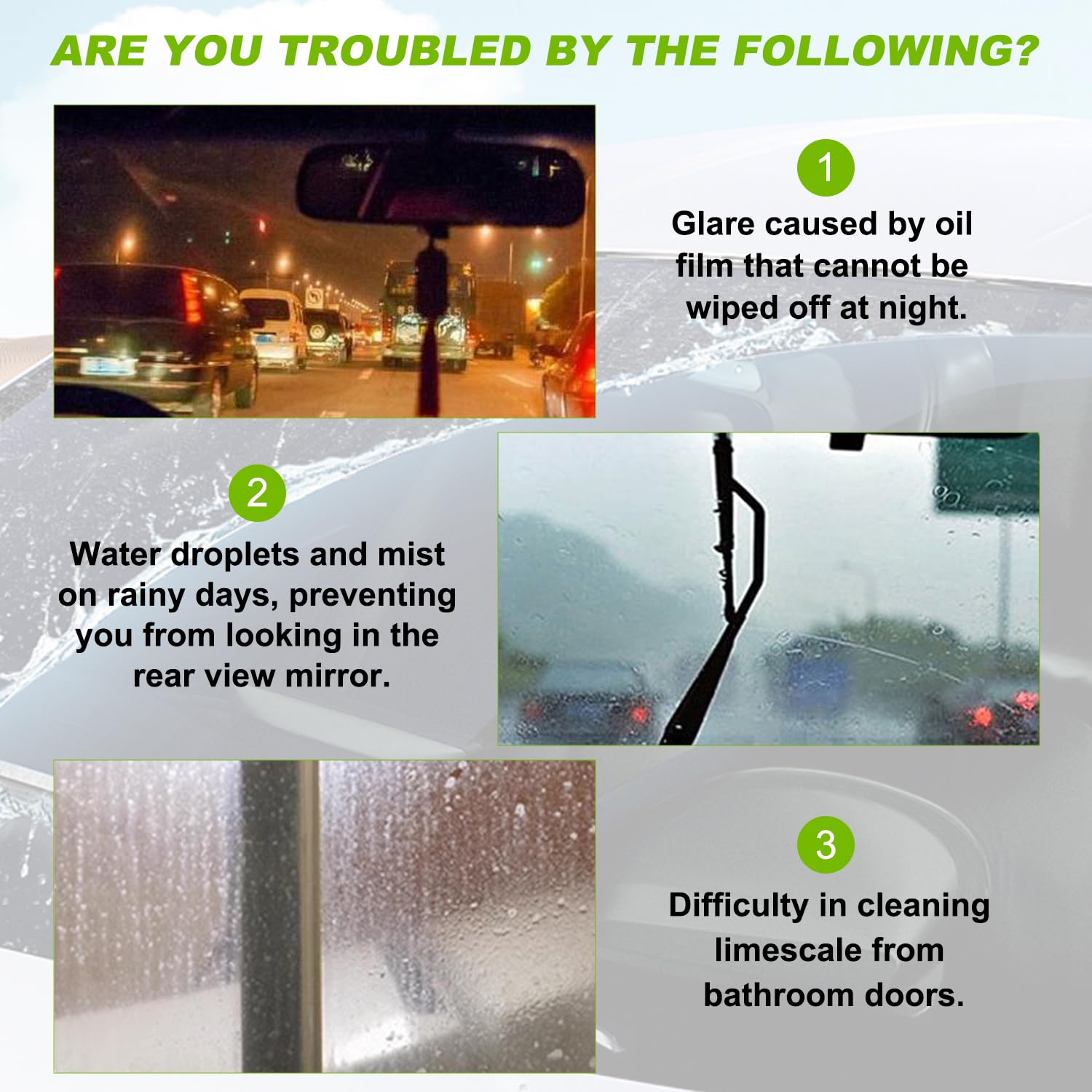 Anti-fog and water-repellant feature shown on glass surface