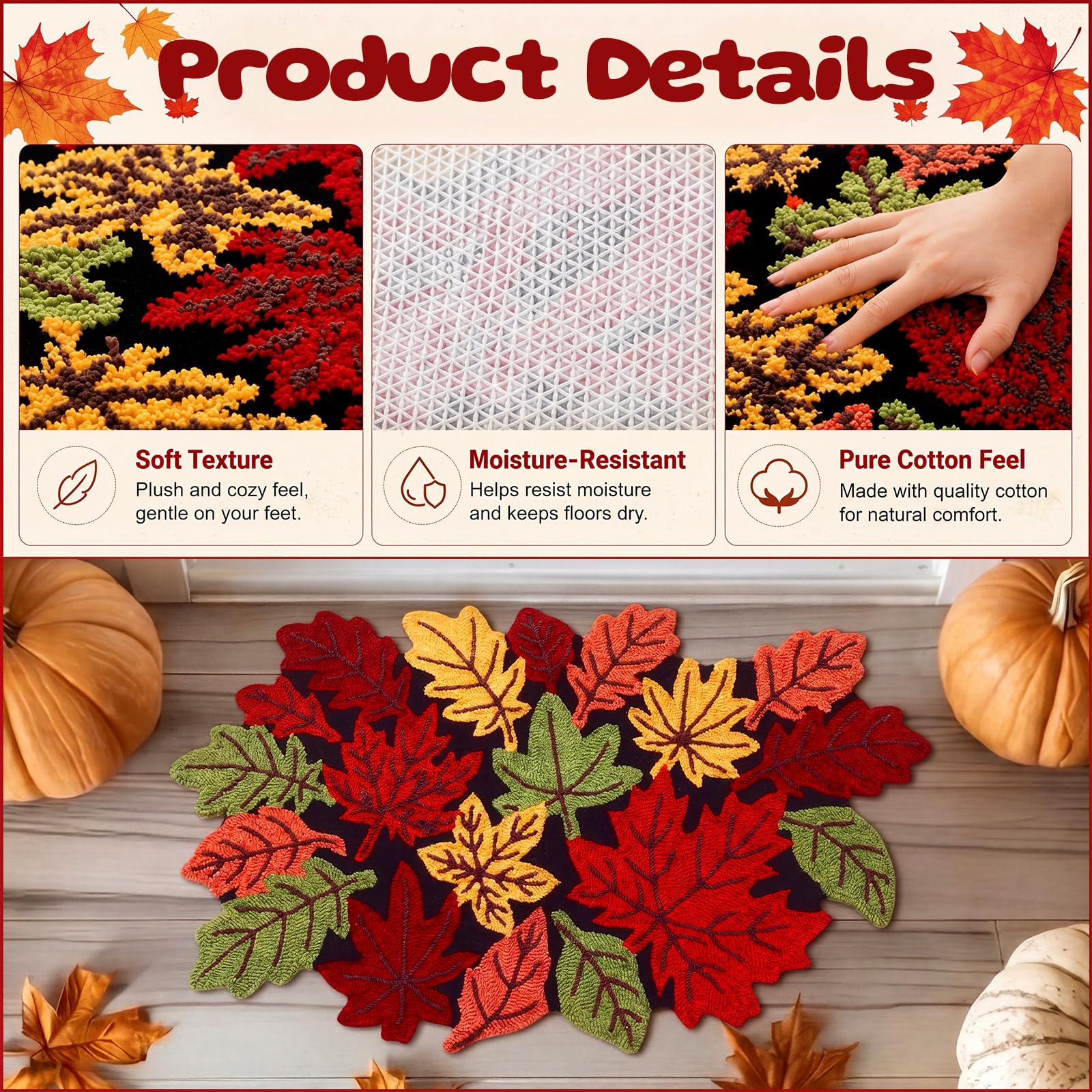 Durable tufted autumn leaf rug suitable for indoor or outdoor use