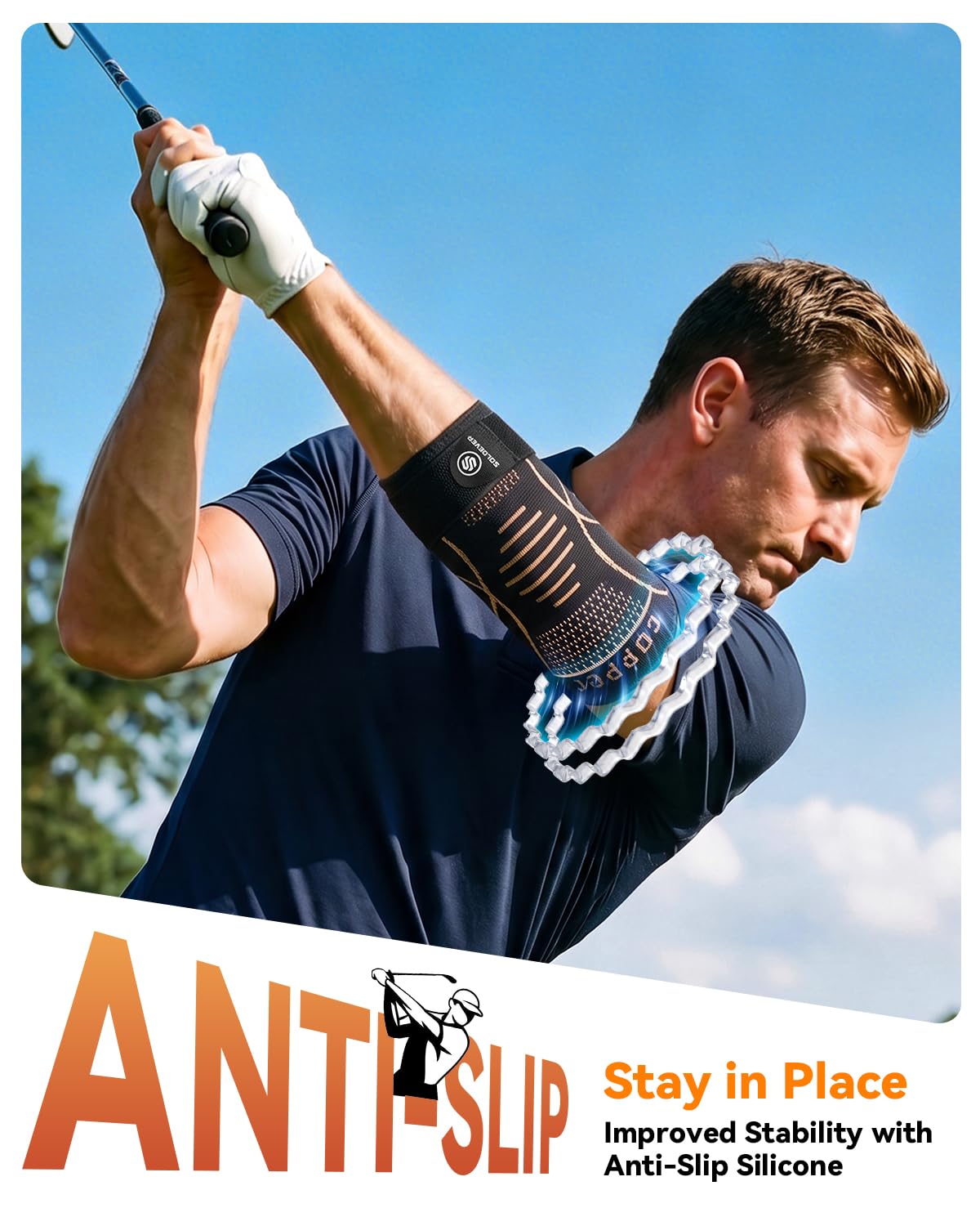 Anti-slip strips on elbow compression sleeve