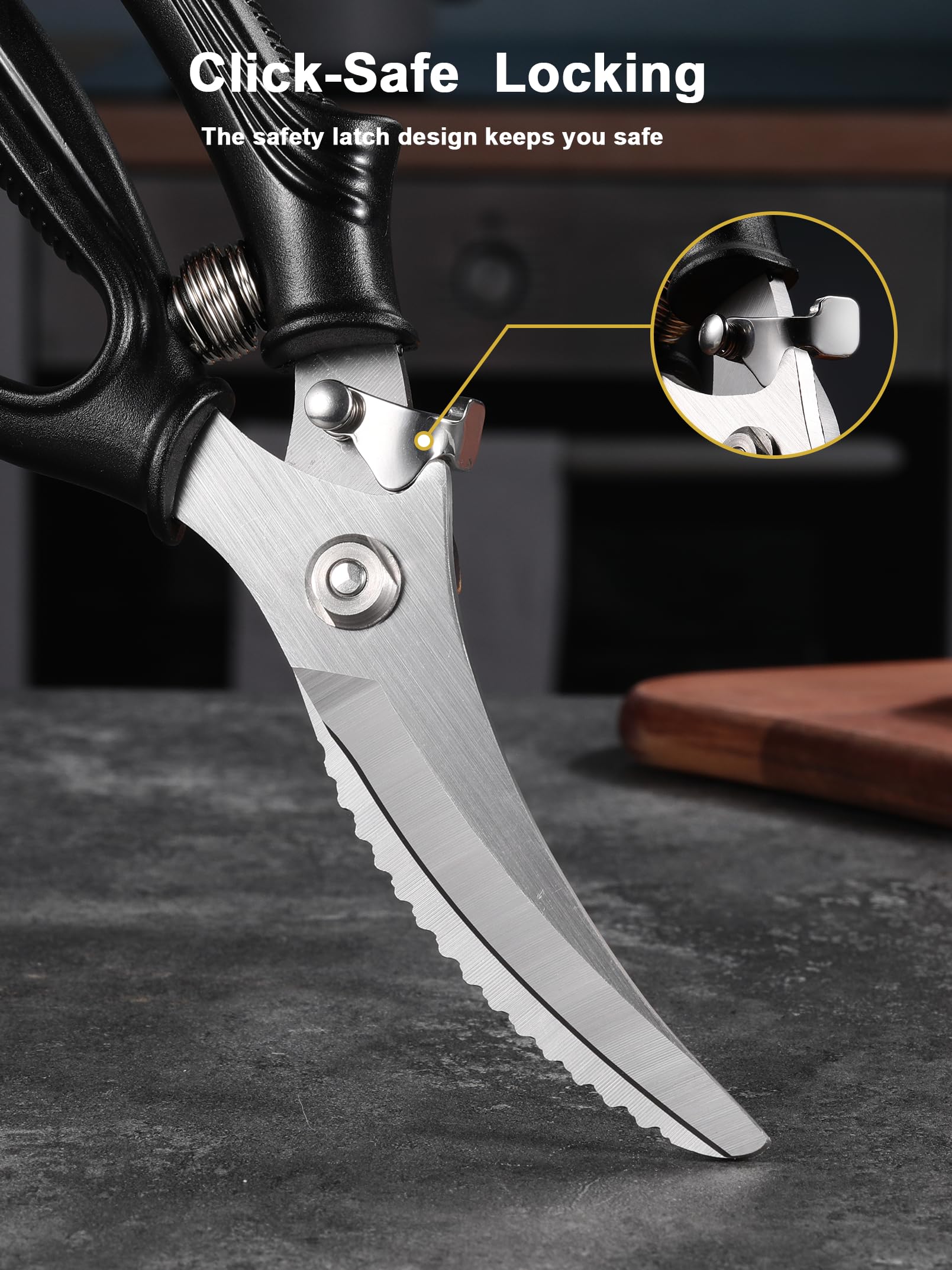 Spring loaded with safety lock feature on poultry shears