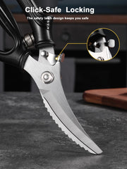 Spring loaded with safety lock feature on poultry shears