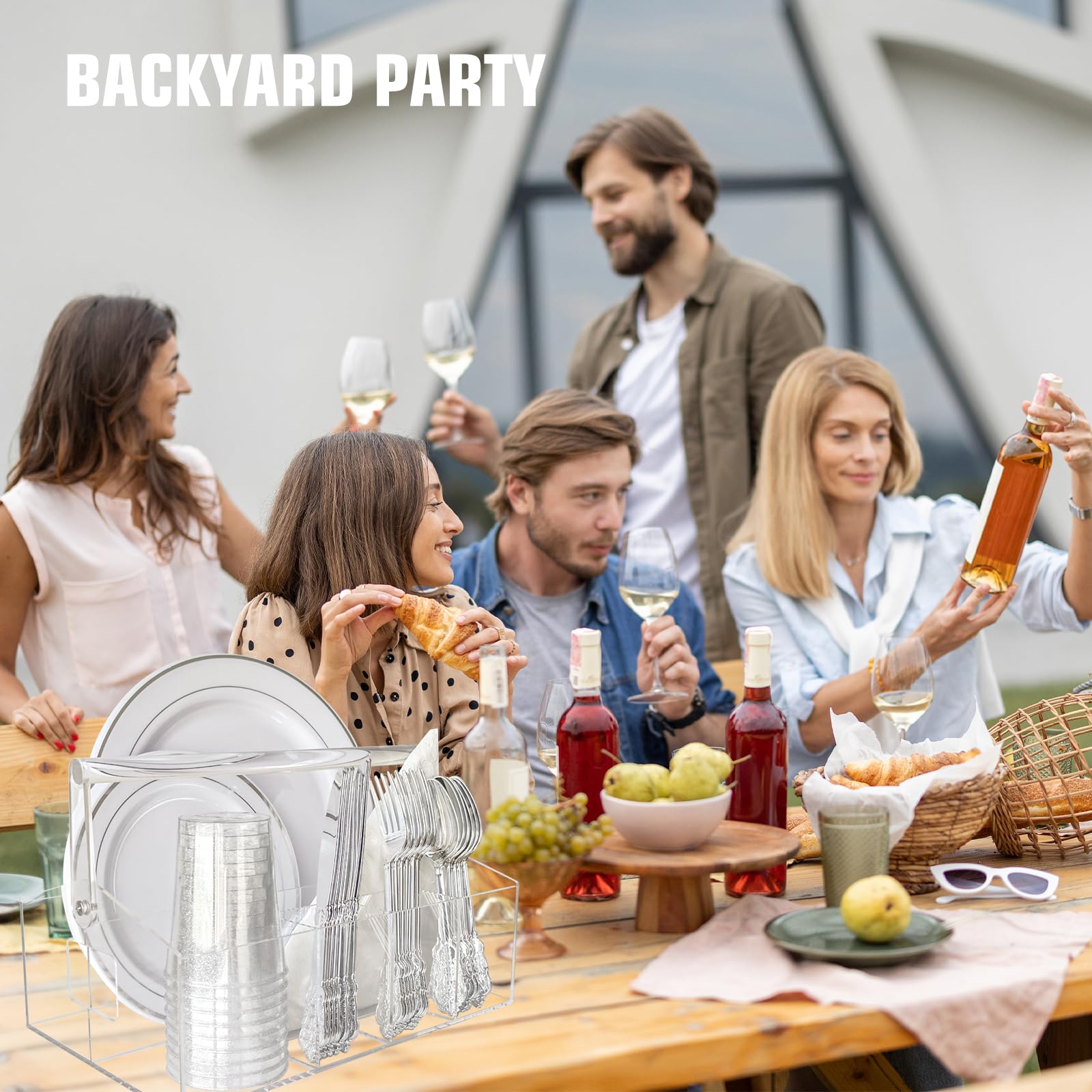 outdoor party setup with acrylic caddy for cups and utensils