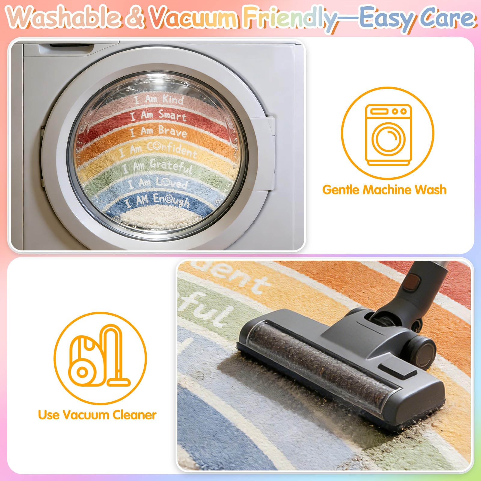 Stain resistant rainbow rug suited for playrooms and classrooms