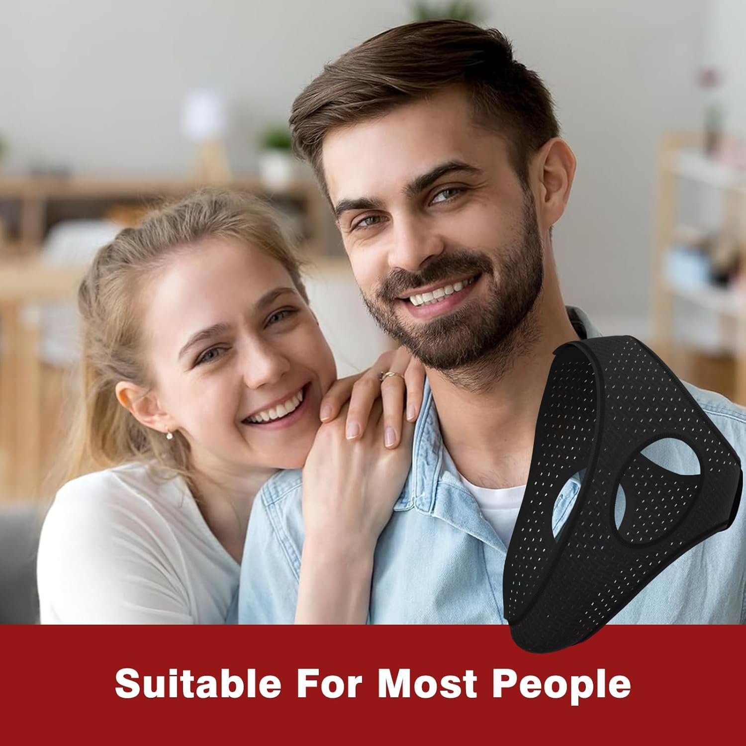 Anti snore chin strap in use for better sleep black 57cm