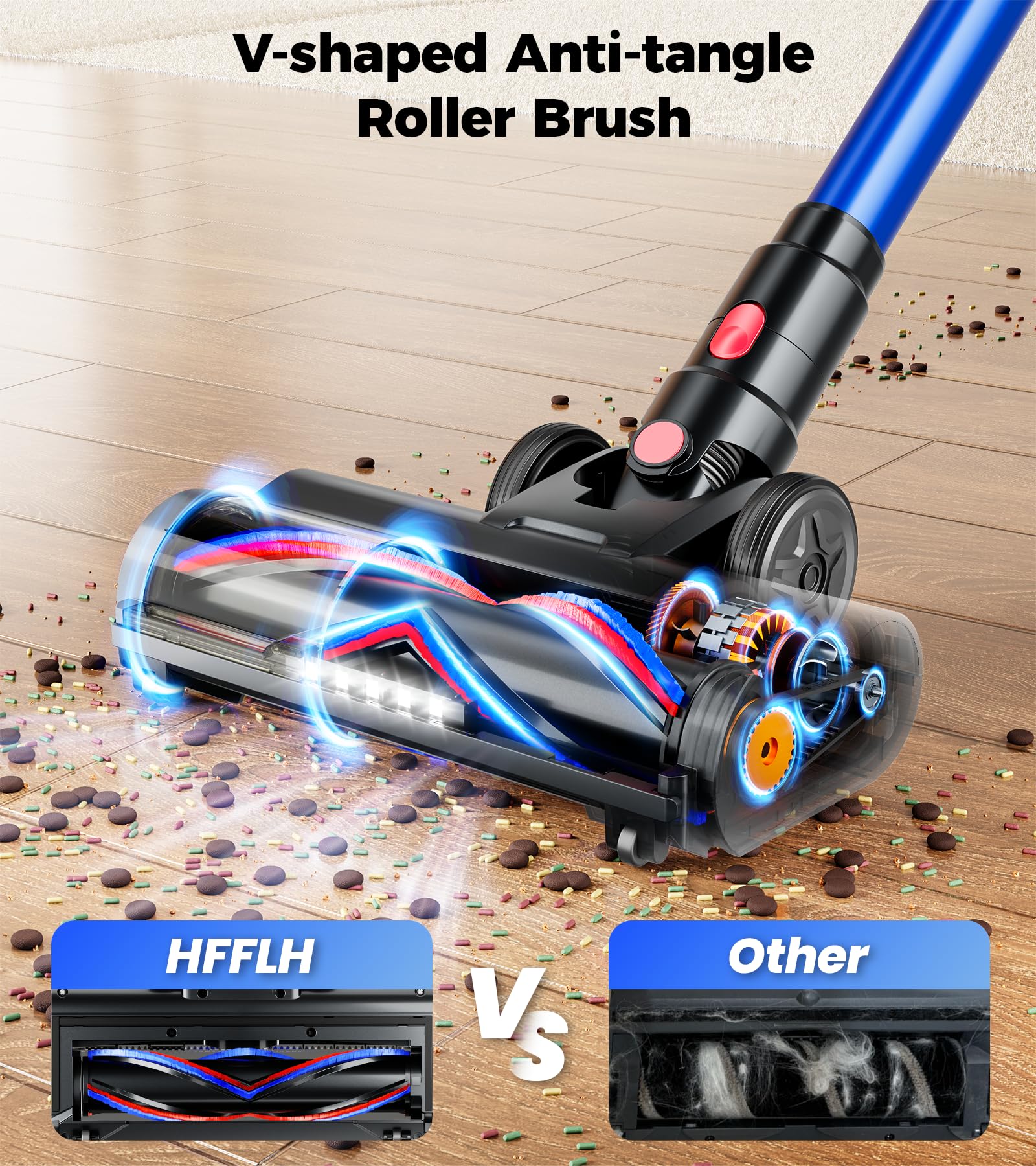 Anti-tangle LED floor brush close up with hair reduced