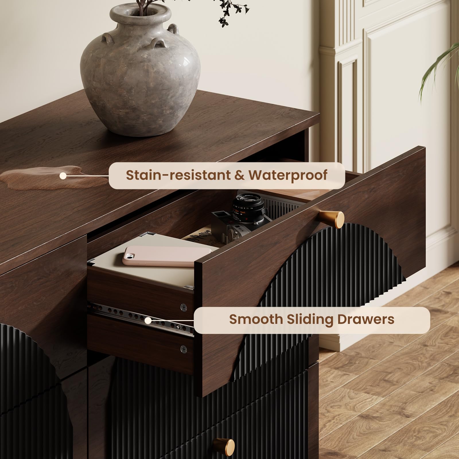 Spacious top surface for lamps frames and decor