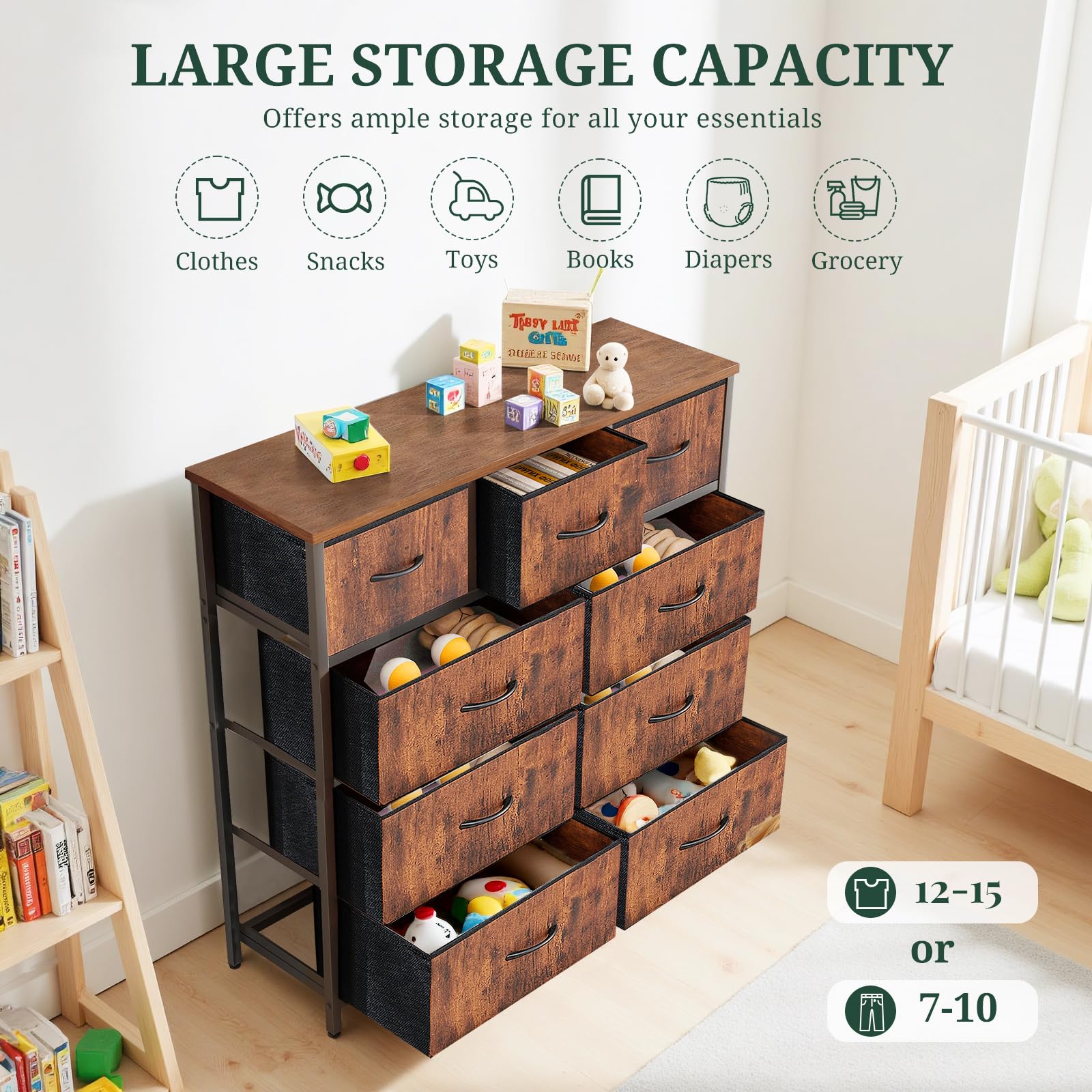 modern wood top and fabric drawers with wooden handles