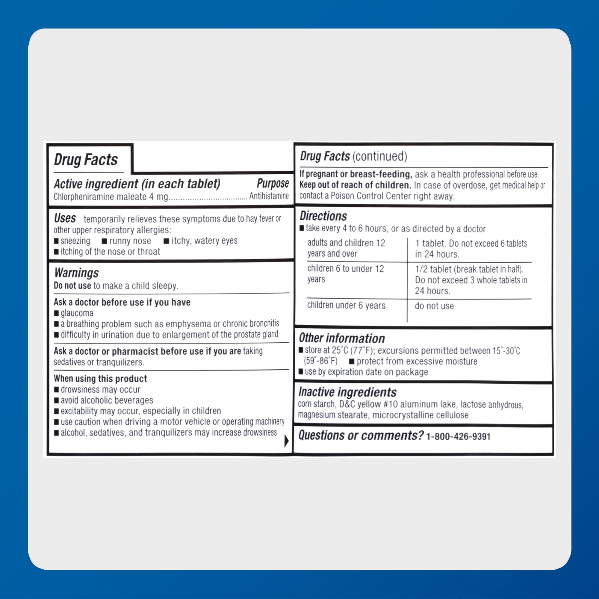 Antihistamine active ingredient chlorpheniramine tablet
