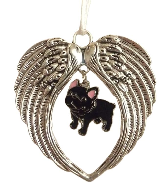 Antiqued metal angel wings ornament with satin cord