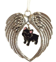 Antiqued metal angel wings ornament with satin cord