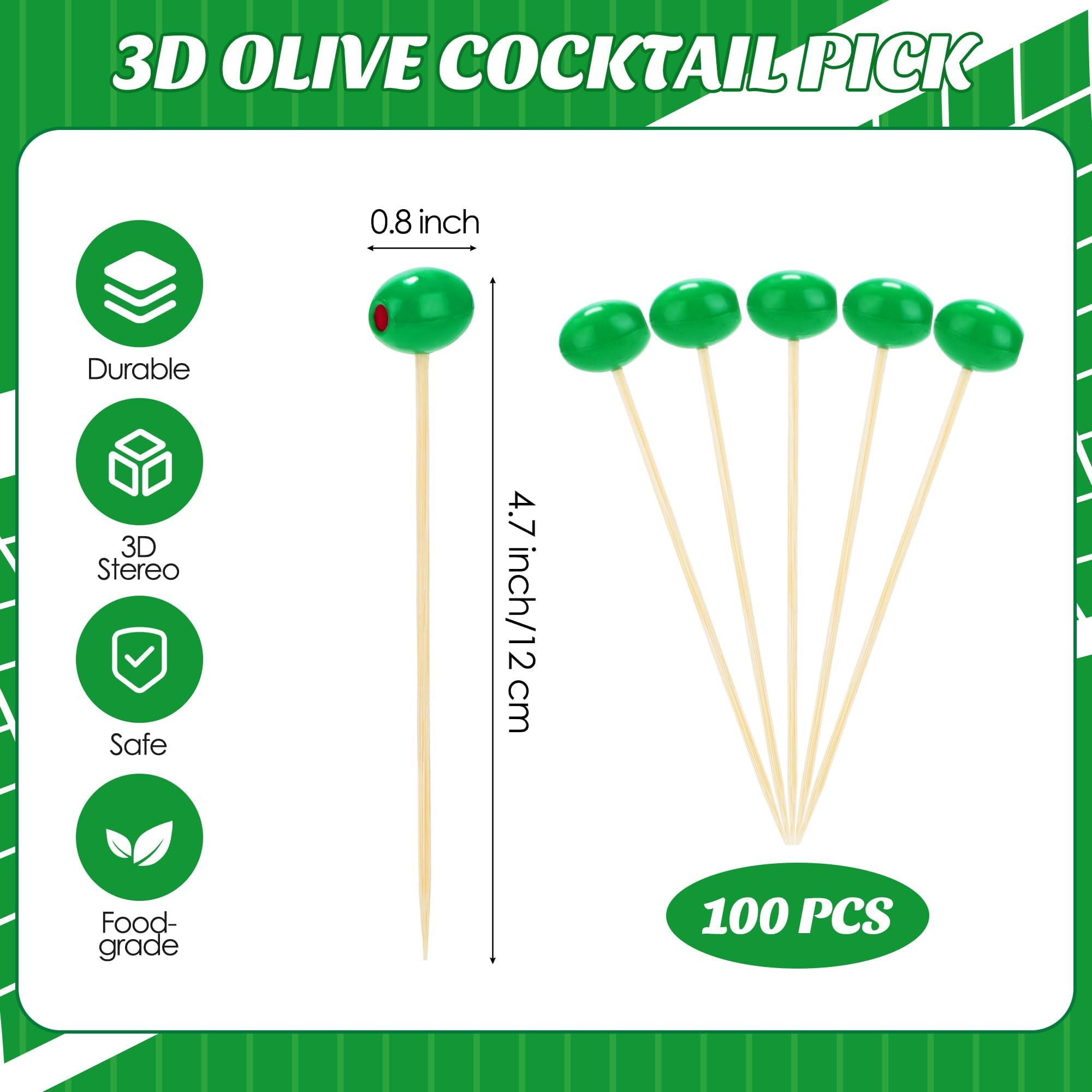3D olive ball topper on bamboo cocktail pick for garnishes