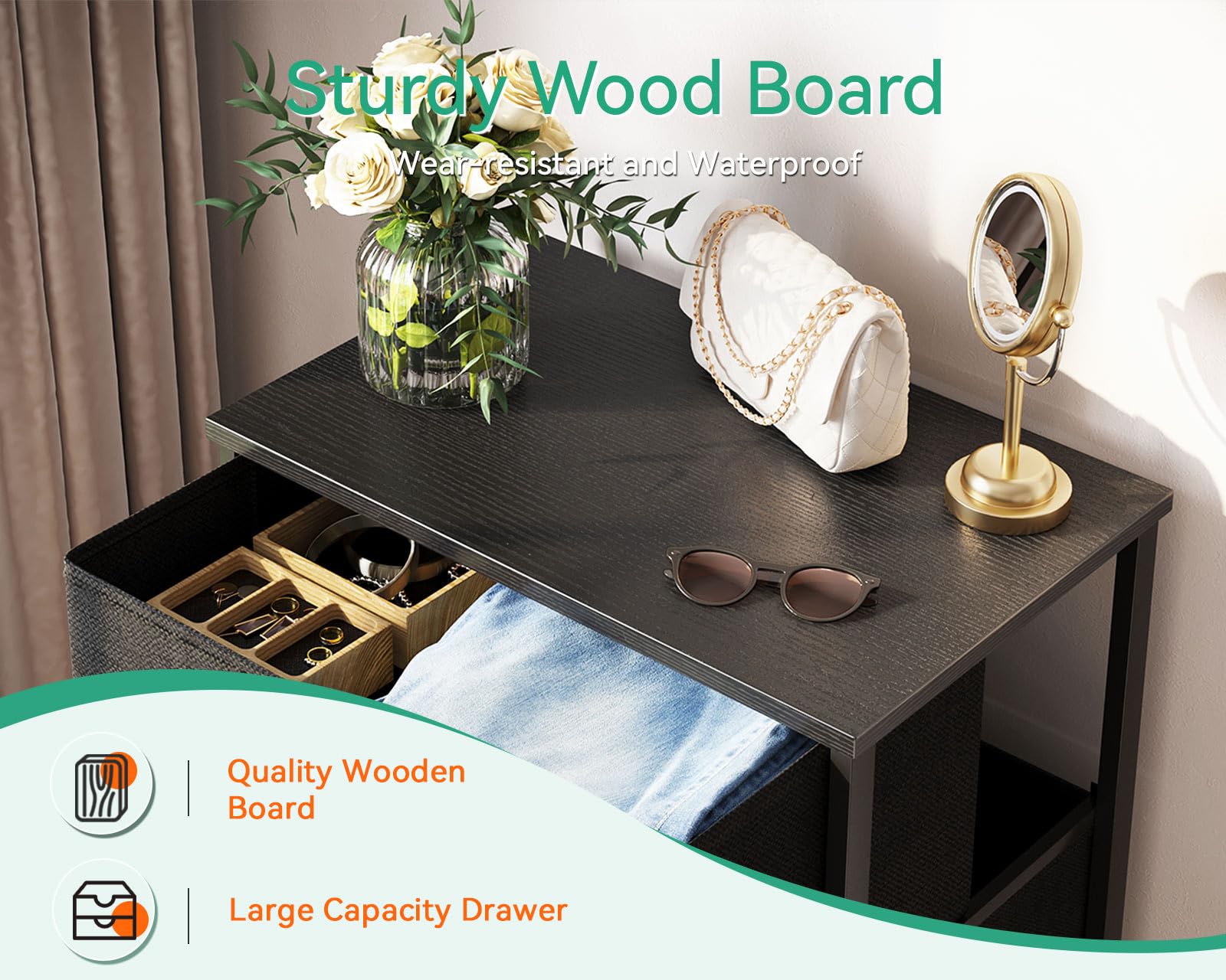 Open view of the 4 fabric drawers in AODK Dresser